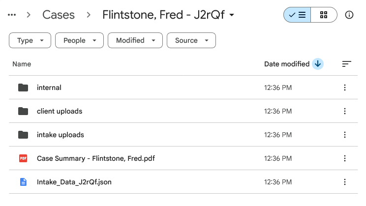 Organized case folder in Google Drive created automatically by LitiGator