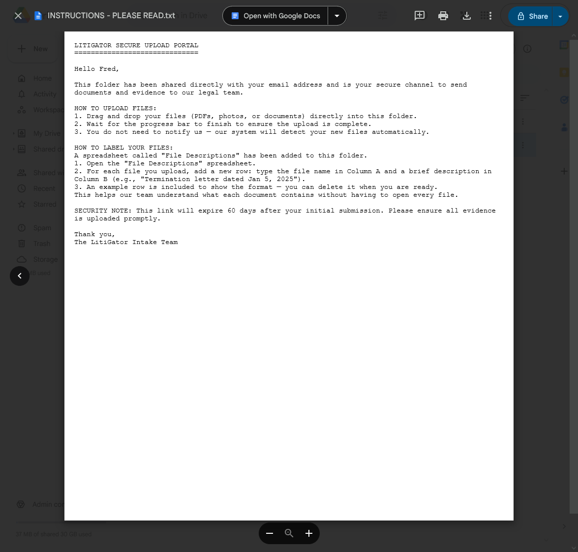 Client upload instructions file showing step-by-step directions