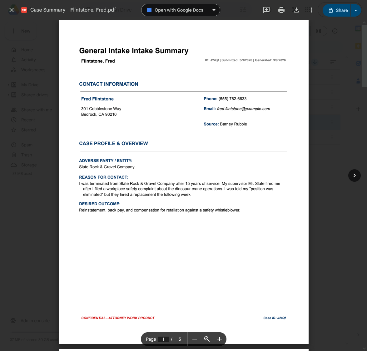 Auto-generated PDF case summary showing client details and case information