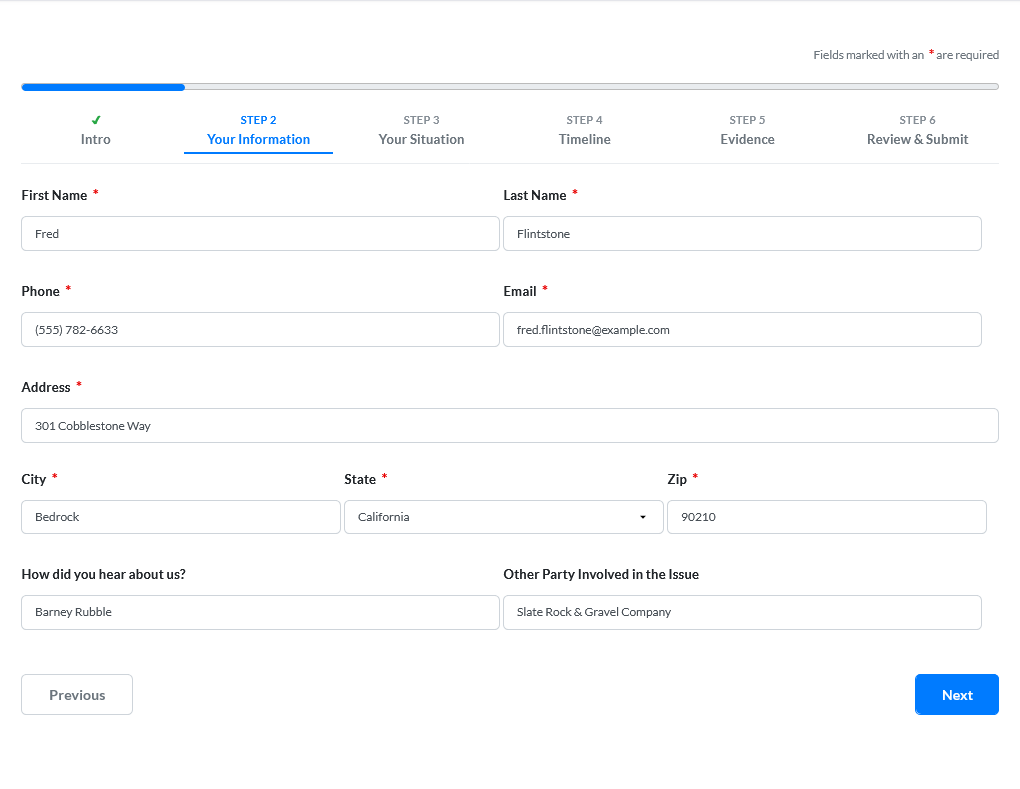 Intake form — Your Information page showing contact fields