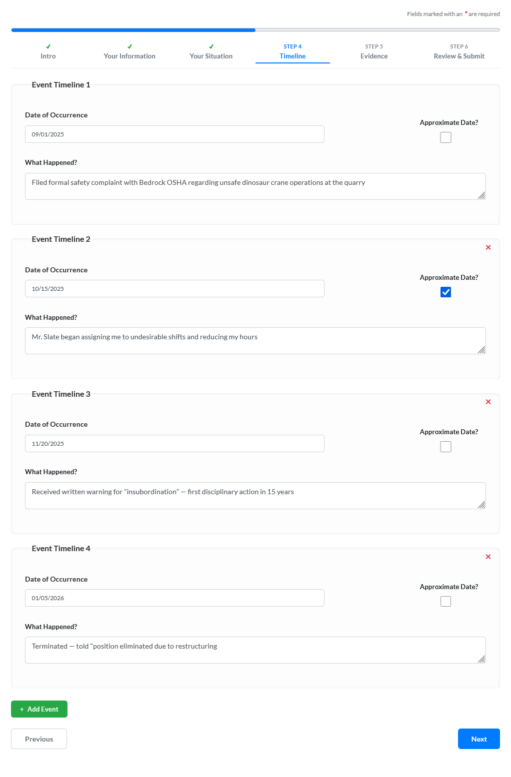Intake form — Timeline page showing repeating event fields