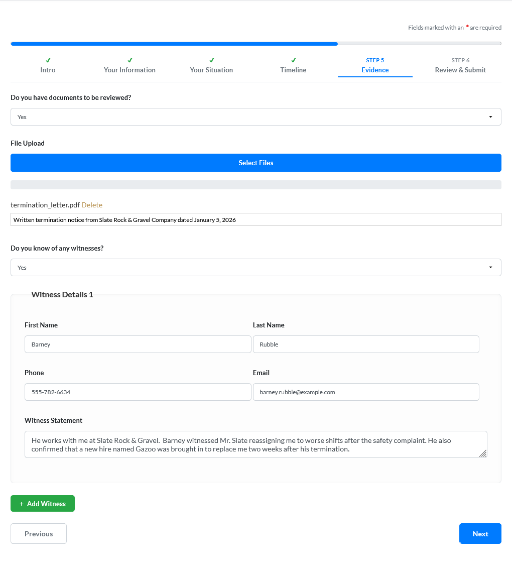 Intake form — Evidence and Witnesses page showing file upload and witness fields