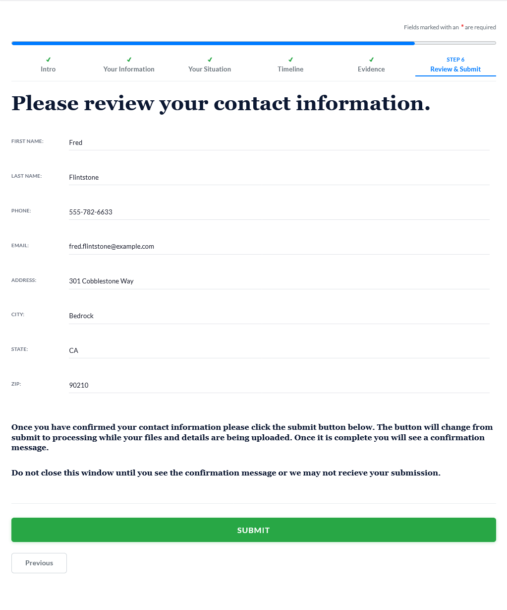 Intake form — Review and Submit page showing submission summary