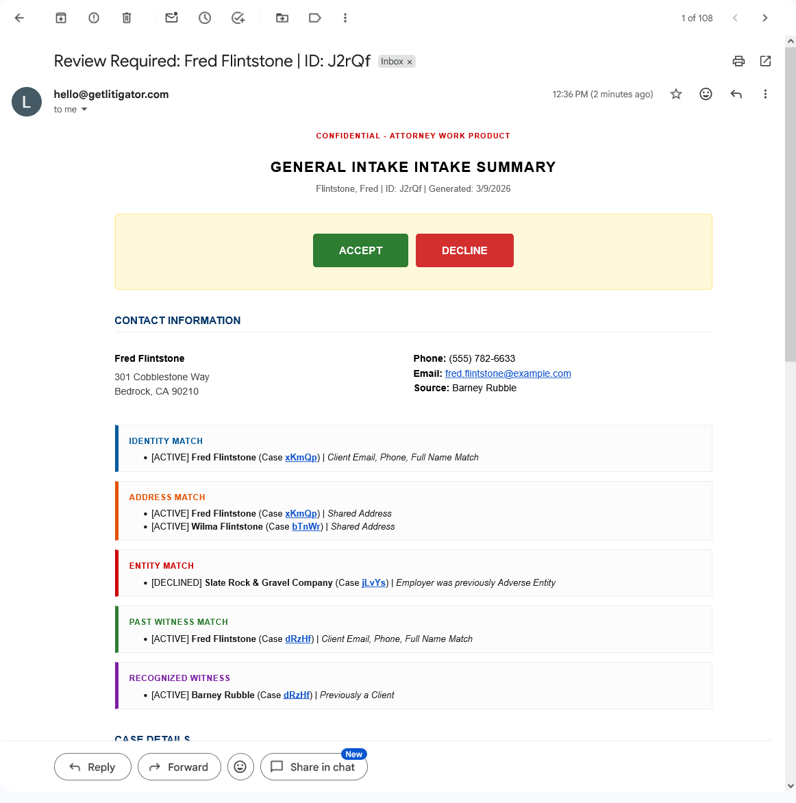Notification email in Gmail showing case summary and action buttons