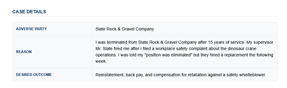 Case details section of notification email showing client information