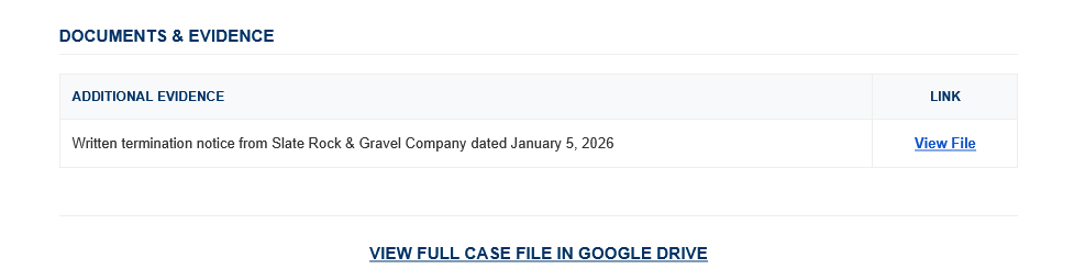 Documents and evidence section with Google Drive file links