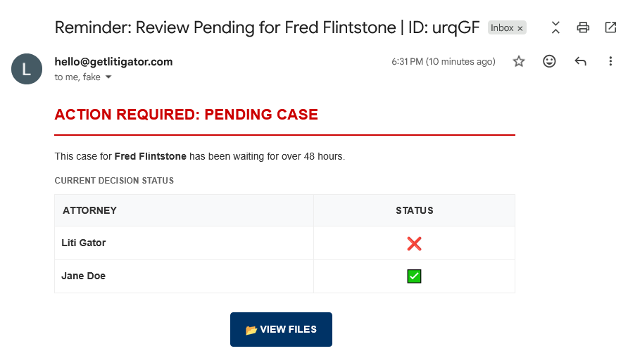 48-hour reminder email showing voting status per attorney