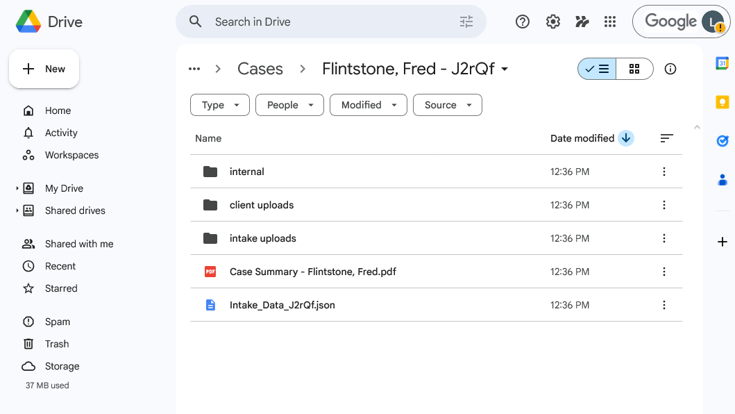 Google Drive case folder showing organized structure with subfolders