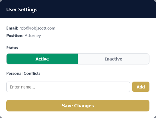 User Settings panel with email, position, Active/Inactive toggle, and Personal Conflicts editor